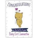 Congratulations New Baby Girl Bear and Flowers Personalised Birth Announcement Card