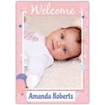 Personalised Pink Welcome Baby Photo Card with Balloons and Stars for New Baby Girl