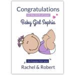 Congratulations New Baby Girl Purple Ribbon Cartoon Personalised Baby Birth Card