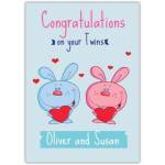 Congratulations Card for New Baby Twins with Pink and Blue Rabbits and Custom Names