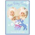 New Baby Twins Personalised Photo Card with Cute Puppy Design Blue