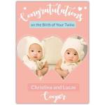 Personalised Congratulations Card for Twins Birth with Double Heart Photo Pink Design
