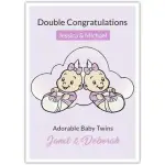 Double Congratulations Baby Twins Card with Personalised Names in Purple Design