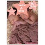 Personalised Twins New Baby Photo Card with Stars and Names in Orange Design