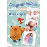 Personalised Congratulations on Your Twins Baby Card with Bear and Photo Upload Option