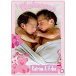 Personalised Welcome Twins Baby Photo Card with Pink Bears and Balloons Design