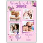 Welcome New Twin Girls Photo Gallery Card with Floral and Birds Design
