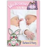Personalised Welcome to the World Baby Twins Photo Upload Card with Pink Cat and Green Bunny Design
