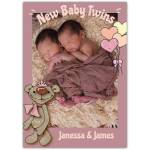 Personalised New Baby Twins Photo Card with Cute Bear and Heart Balloons Design