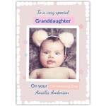 Personalised Granddaughter Christening Day Photo Upload Card with Stars and White Frame