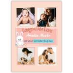 Personalised Congratulations Baby Girl Christening Photo Collage Card with White Bunny Design