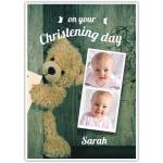Personalised Christening Day New Baby Photo Upload Card with Brown Bear Design