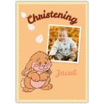 Personalised Christening Card with Cute Bunny and Photo Upload on Orange Background