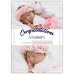 Personalised Baby Girl Christening Congratulations Card with Two Photo Frames in Pink