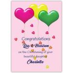 Personalised Congratulations Christening Card for Baby Girl with Colourful Heart Balloons on Pink