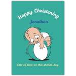 Personalised Happy Christening Card with Baby Playing on Ball Design for Boys