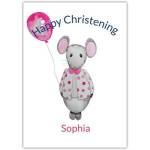Personalised Happy Christening Card with Cute Grey Mouse and Pink Balloon Design