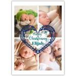Personalised Christening Card for Baby 4 Photo Collage with Blue Floral Heart Design