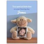 Personalised New Baby Boy Naming Day Card with Teddy Sheep and Photo Upload