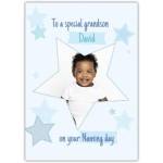 Personalised New Baby Grandson Naming Day Card Blue Star Photo Upload Design