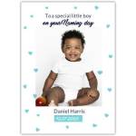 Personalised Naming Day Card for Baby Boy Blue Hearts Photo Insert