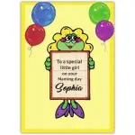 Personalised Naming Day Card for Girl with Cute Frog and Colourful Balloons Design