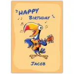 Personalised Happy Birthday Card with Orange Parrot Playing Guitar and Music Notes Design