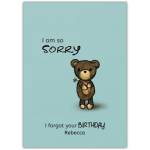 Belated Birthday Apology Card with Cute Teddy Bear Holding Flower Personalized Name