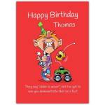 Personalised Humorous Boys Birthday Card Red Background with Remote Control Car Design