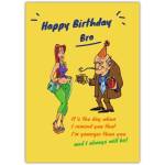 Humorous Happy Birthday Brother Card Yellow Background with Old Man and Woman Illustration