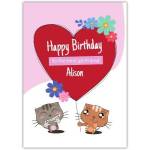 Personalised Happy Birthday Girlfriend Card Cute Cats with Heart Balloon and Flowers