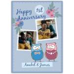 Personalised Happy 1st Anniversary Card with Two Owls and Photo Upload Blue Floral Design