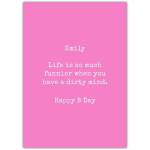 Personalised Funny Happy Birthday Card Pink Background Dirty Mind Saying