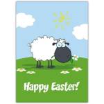 Happy Easter Card with Cute Cartoon Sheep Eating Daisy Spring Greeting