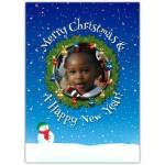 Personalised Merry Christmas and Happy New Year Wreath Photo Card with Snowman Design