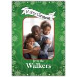 Personalised Green Merry Christmas Photo Card with Snowflakes and Family Name Banner