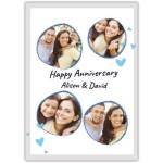Personalised Happy Anniversary Card with Blue Round Photo Frames and Hearts Design