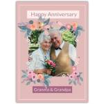 Happy Anniversary Personalised Photo Card for Grandma and Grandpa with Floral Pink Frame