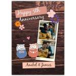 Personalised 5th Anniversary Card with Owls Wooden Background Photo Upload Option