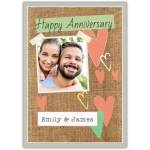 Personalised Happy Anniversary Card with Hearts on Brown Textured Background and Photo Upload