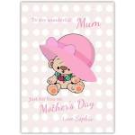 Mother's Day Card for Mum Teddy Bear Wearing Large Pink Hat with Floral Detail