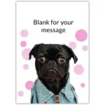 Personalised Blank Dog in Denim Jacket Greeting Card with Pink Circles Design