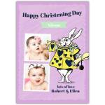 Personalised Alice In Wonderland Christening Day Card with Photo for Girl in Purple