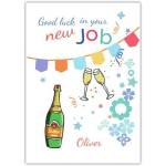 Good Luck New Job Celebration Card with Champagne and Glasses Personalised Name