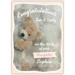 Personalised New Baby Daughter Congratulations Teddy Bear Card with Names and Photo Option