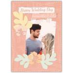 Personalised Happy Wedding Day Card with Tropical Flowers and Photo Upload in Pastel Orange
