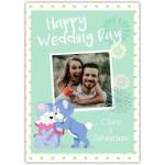 Happy Wedding Day Photo Upload Card with Cute Blue Rabbits and Green Hearts Design