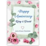 Personalised Happy Anniversary Card with Pretty Pastel Pink Roses and Greenery Frame