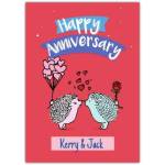 Personalised Happy Anniversary Hedgehogs Kiss Greeting Card with Hearts and Rose Design