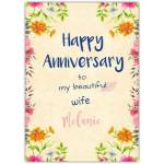 Personalised Floral Happy Anniversary Card for Wife with Name Option